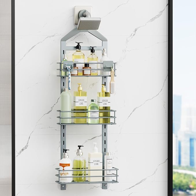 Orimade Adjustable Anti-slip Shower Caddy Overhead, Rustproof Hanging Shower Organizer With 2 Razor Hooks - No Drilling, 3-Tier Shelves, Silver Grey - Image 2