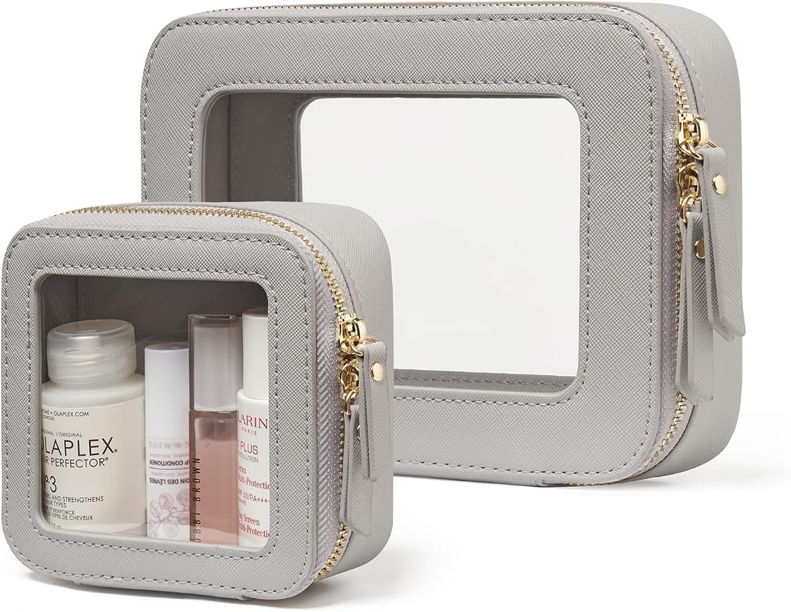 Popvibe Clear Makeup Case Toiletry Bag Travel Medium Clear Cosmetic Bag with Zipper, Make Up Bag Organizer Traveling TSA Approved Transparent Bag Car for Essentials, Mini & Medium, Beige Grey by POPVIBE