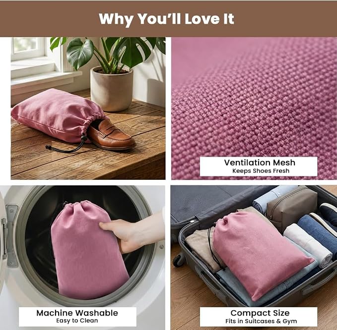 LFH Cotton Rich Shoe Storage Bags with Drawstring, Dustproof Breathable Reusable Organizer, Perfect For Travel, Dorm, Hotel, College, Gym, Easy to Carry, Machine Washable 8"x17" (Pack of 2) - Pink - Image 3