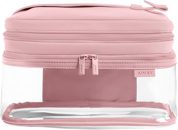 Away Clear Cosmetic Case - Water-Repellent Transparent Cosmetic Bag with 2 Compartments, Brush Holder, Interior Zip Pocket - Blush Pink by Unknown