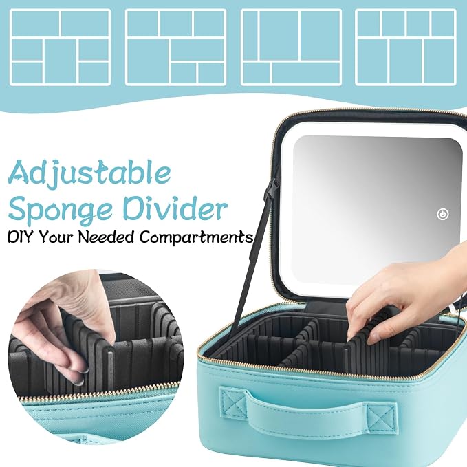 Extrei Gent Makeup Travel Train Case with Mirror LED Light 3 Adjustable Brightness Large Cosmetic Bag Portable Storage Adjustable Partition Waterproof Makeup Brushes Make up Jewelry Gift for Women - Image 4