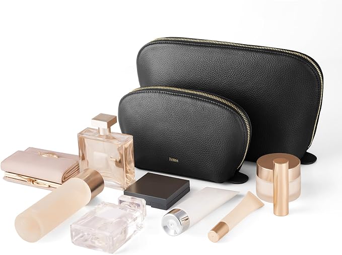 Kattee Leather Makeup Bag, Travel Cosmetic Bag Set, Toiletry Bag Organizer for Women, 2-PACK, Black - Image 2