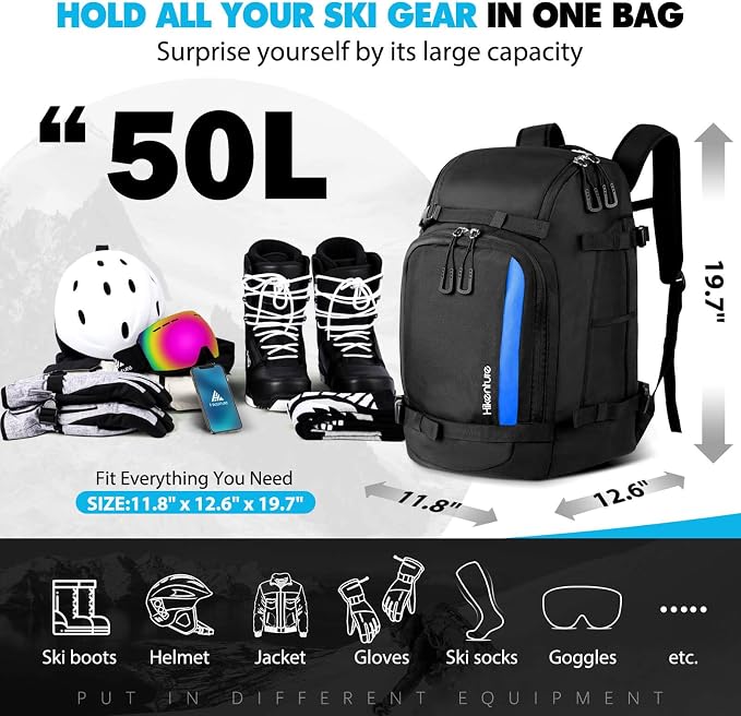 Hikenture Ski Boot Bag Backpack, 50L Padded Ski Bag & Snowboard Boot Bag with Drain Holes, Large Capacity Water-Resistant Ski Travel Bag for Ski Boots, Helmet, Goggles, Clothes, Gloves, Snowboard Gear - Image 2