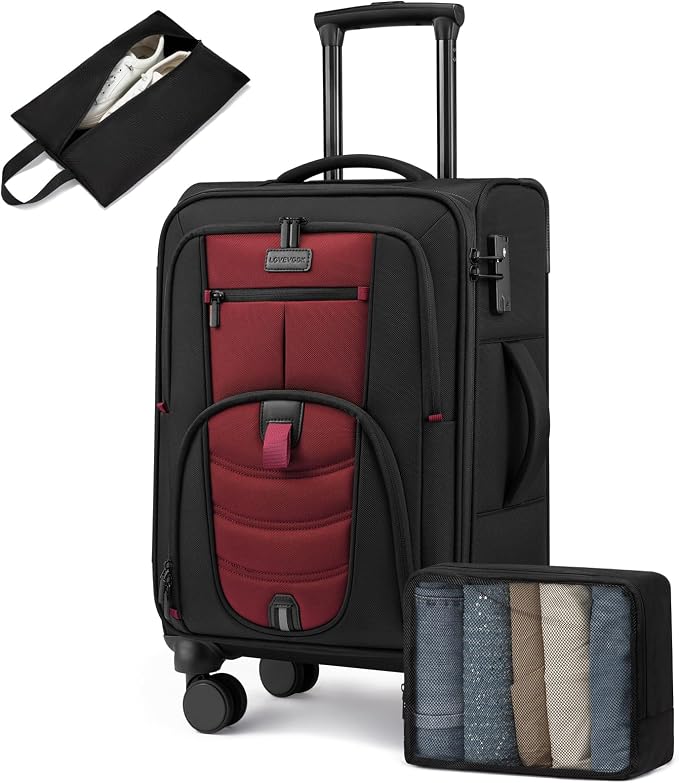 LOVEVOOK Business Softside Checked Luggage with 15.6/17.3 Inch Laptop Compartment, 24 Inch Checked Suitcase with Spinner Wheels, Large Capacity Luggage with TSA Lock for Business Trip Travel Red&Black by LOVEVOOK