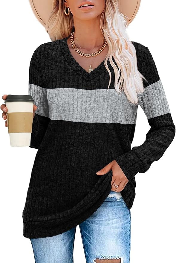 Sampeel V Neck Long Sleeve Shirts for Women Casual Fall Tops Lightweight Tunic Sweaters Fashion Clothes Loose Fit 2025