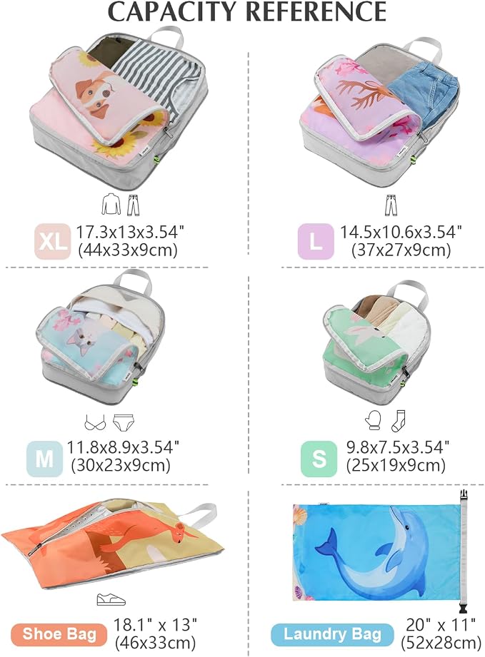 Gonex Compression Packing Cubes, 6pcs Expandable Storage Travel Luggage Bags Organizers with Shoe Bag Laundry Bag, Travel Cubes for Suitcase Carry On (Animals) - Image 6