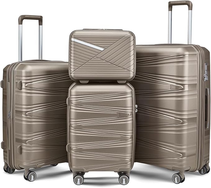 TRAVELEO 4 Piece Luggage Set PP Hardshell, Expandable Suitcase Set (20/24/28) with 14" Cosmetic Case, Lightweight Spinner Wheels with TSA Lock, Detachable Wheels for Nesting Storage (Champagne) by Unknown