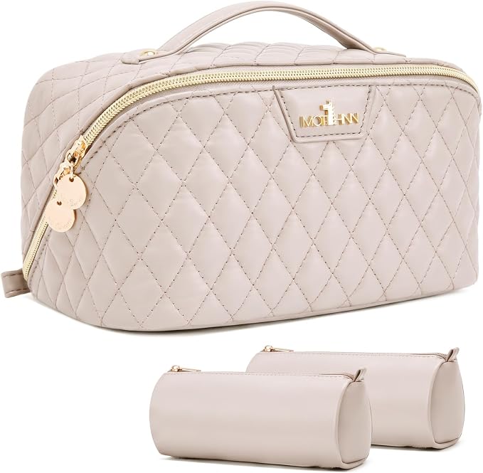 Travel Makeup Bags Cosmetic Organizer: 3Pcs Set Puffy Make up Bag for Women | Beige Premium Quilted ELEGANCE Design | Large Capacity Leather Toiletry Bags | Wide Open Compact Case for Travel Essentials by Unknown