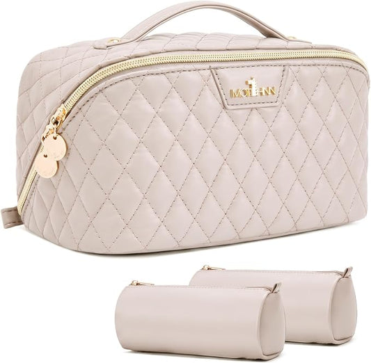 Travel Makeup Bags Cosmetic Organizer: 3Pcs Set Puffy Make up Bag for Women | Beige Premium Quilted ELEGANCE Design | Large Capacity Leather Toiletry Bags | Wide Open Compact Case for Travel Essentials by Unknown