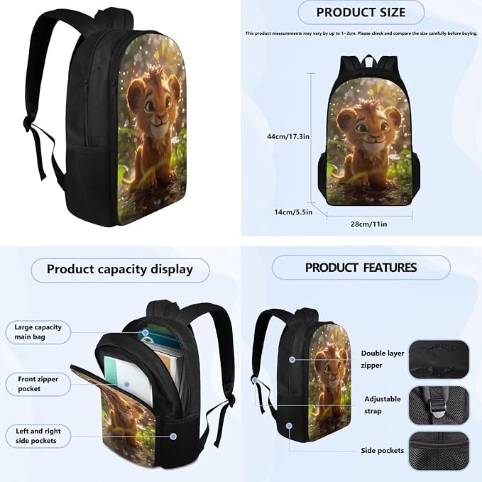 Lion Backpack for Kids Girls Backpack with Lunch Box Water Bottle Holder and Soft Pencil Pouch 4PCS Set Cute Bookbag with Compartments 17 inch Large School Bag for Boys Back to School Supplies - Image 4