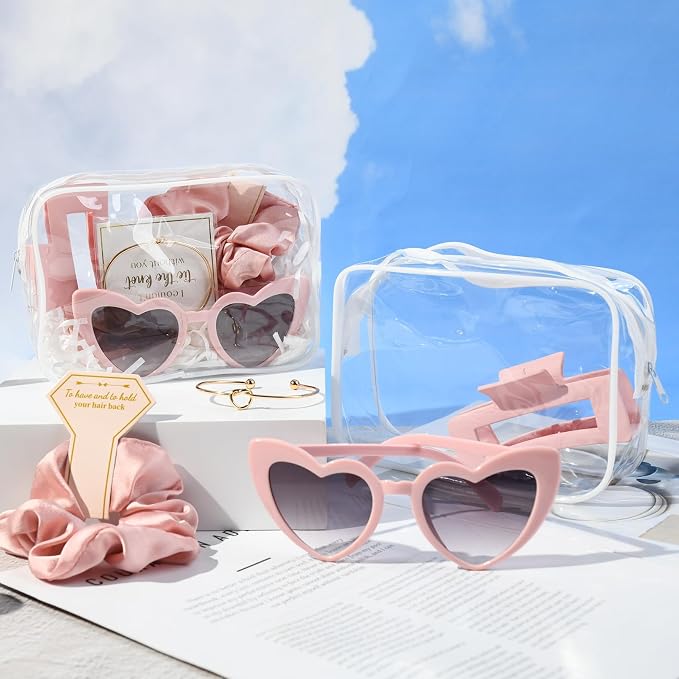 DEEKA 30 Pcs Bridesmaid Proposal Bag Set Gift Clear Makeup Toiletry Bag Bachelorette Party Favors Sunglasses Hair Claw Clips Scrunchies Knot Bracelets Bridal Wedding Party Gifts (Pink) - Image 8