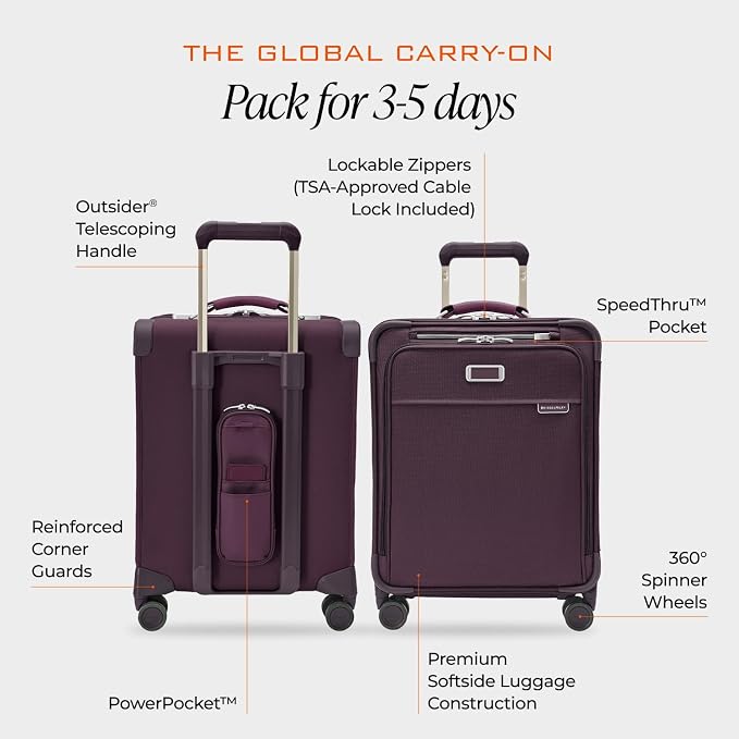 Briggs & Riley 21" Global Carry On Expandable Spinner - Luggage for International Travel, Suitcases with Wheels, Softside Rolling Bag for Men & Women, Self-Repairing Zipper - Baseline Collection, Plum - Image 3