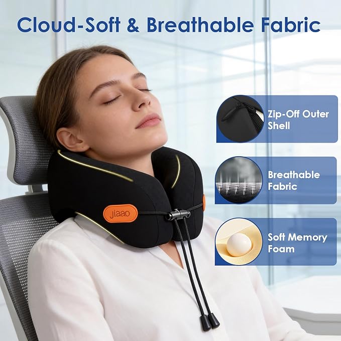 jiaao Travel Pillow Memory Foam Neck Pillow for Airplanes with Adjustable Neck Support, Includes Eye Mask, Earplugs & Storage Bag - Perfect for Flights, Road Trips, and Trains - Image 3