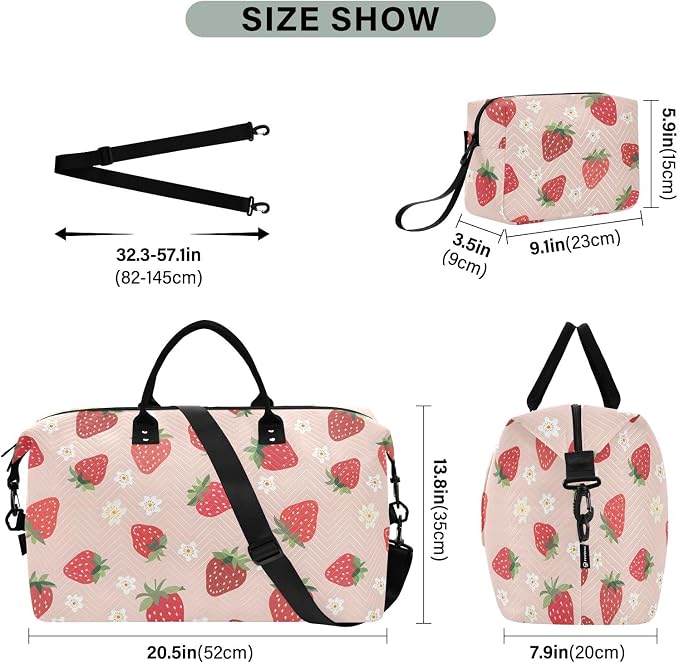 Weekender Bags Travel Duffel Gym Bag Small Scale Strawberry Carry on Overnight Tote Bag with Toiletry Bag for Airplane Travel Trip Gym Yoga - Image 3