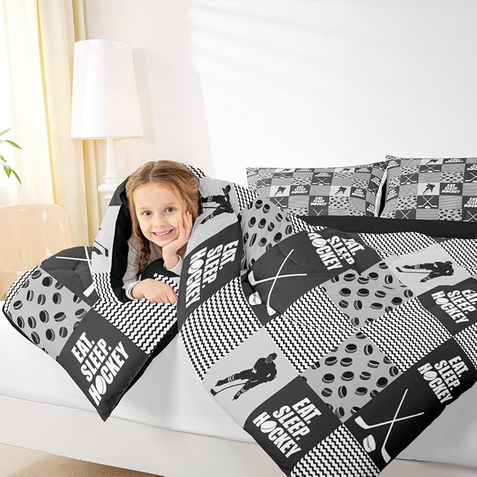 Ice Hockey Comforter Sets For Boys Full Black White Grey Winter Sports Games Down Comforter Kids Teen Room Decor,Hockey Pucks Player Bedding Set Geometric Checkered Stripes Quilt Duvet 2 Pillow Cases - Image 6