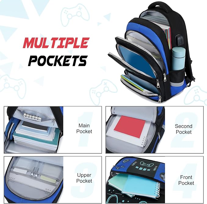 Bevalsa Backpack for School Boys, Cool Luminous Gamer Boys Schoolbag with Sling Bag,Lunch Box & Pencil Case for Kids Children Teens Elementary Middle School(Blue Game Backpack with Shoulder Bag) - Image 4