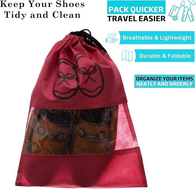Kuber Industries Shoe Cover | Travel Shoe Storage Bags | Non-Woven Storage Bag | Shoe Cover with Drawstring | Shoe Organizer with Clear window | Plain | Pack of 6 | Maroon - Image 2