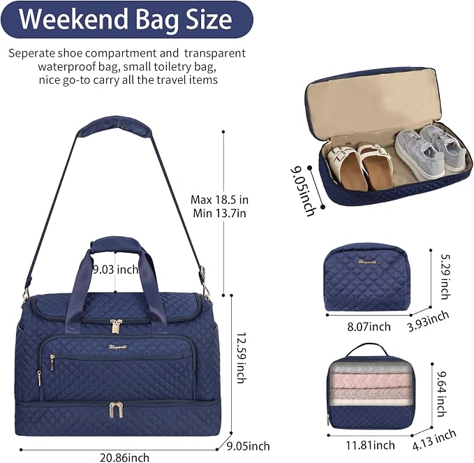 Wogarl 3PCS Weekender Bags for Women Large Overnight Bag Weekend Travel Duffel Bag Carry on Shoulder with Shoe Compartment Canvas Toiletry Bag for Travel Business Gym,Dark Blue - Image 4