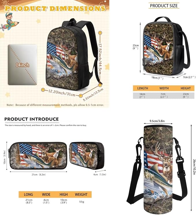 GIFTPUZZ 4 Piece Camouflage Deer Fish American Flag Backpack Set for Kids | Patriotic Bookbag with Lunch Box for Boys Elementary School, Zip up Pencil Case Pouch, Water Bottle Sleeve, Ages 6-8 - Image 6