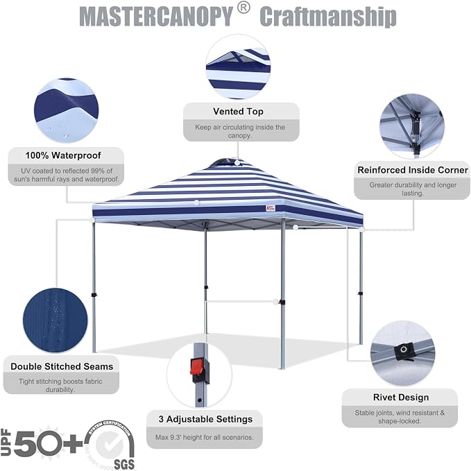 MASTERCANOPY 10x10 Pop Up Canopy Tent, 1 Person Setup Instant Shelter,Outdoor Portable Beach Canopy with Roller Bag, 4 Sandbags, 4 Ropes, 8 Stakes (10x10, Navy Blue Stripe) - Image 3