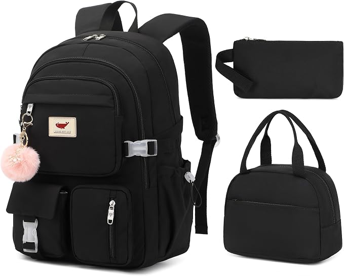 Laptop Backpack 15.6 Inch Elementary Middle High School Bag College Backpacks with Lunch Box Pencil Pouch 3 PCS Set Travel Bookbags for Teens Girls Women Students (Black) by LXYGD
