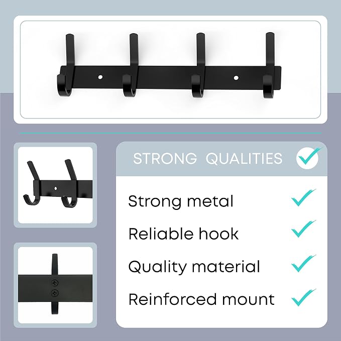 Coat Rack Wall Mount – 12 Inch Stainless Steel Hook Rail with 4 Double Coat Hooks for Hanging – Wall Mounted Entryway Organizer for Coats, Hats, Bags, Towels, Robes, or Bathroom - Black 2 Pack - Image 3