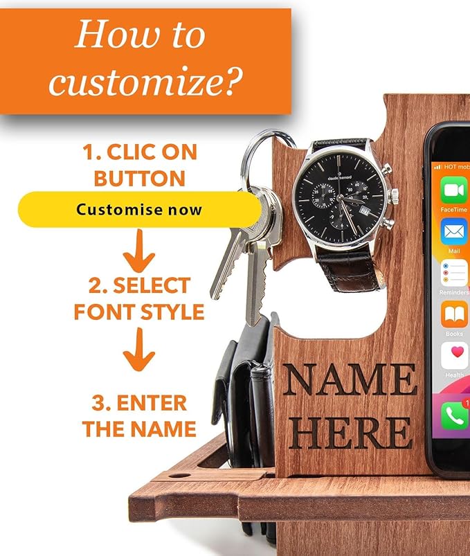 Greta Oto Gifts for Men, Personalized Wood Phone Docking Station for Men,Nightstand Organizer for Him, Phone Stand, Best Personalized Gift idea for Anniversary,Birthday,Graduation
