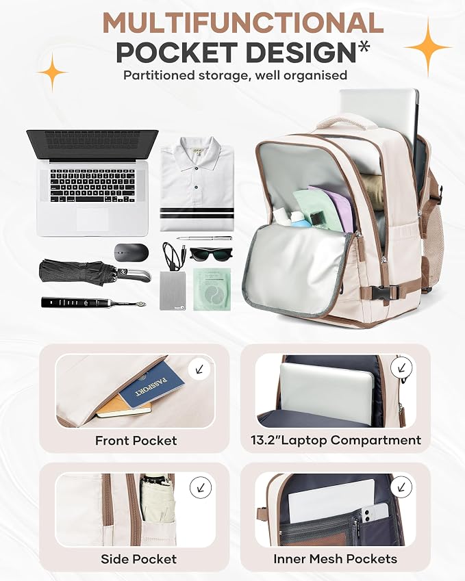 Travel Backpack Carry on Flight Approved Mochila De Viaje Personal Item Backpack for Airlines Frontier Airlines Personal Item Bag Large Backpack for Travel Backpacks for Men Women Beige with Brown - Image 4