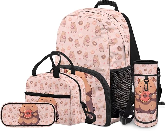 4 PCS Backpack for Kids Elementary Student Capybara Backpacks with Insulated Lunch Box Pencil Case Water Bottle Holder Carrier Bag Pink - Image 2