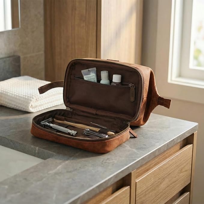 LEATHER VILLAGE Genuine Leather Dopp Kit – Large Travel Toiletry Bag with Waterproof Lining, Dual-Zip Design for Men & Women, Organizer for Shaving, Makeup & Essentials - Tan - Image 7