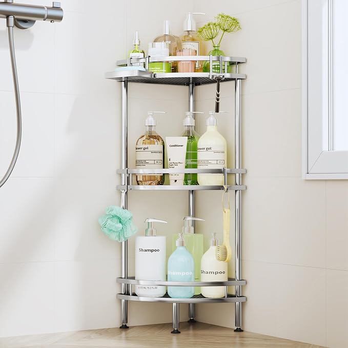 HapiRm Standing Corner Shower Caddy - 3 Tier Shower Organizer Corner with Soap Holder and 4 Hooks, Rustproof Bathroom Storage Shelves with Adhesives, Silver by HapiRm