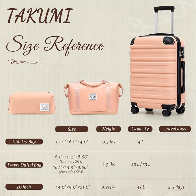 TAKUMI Carry On Luggage Set 3 Piece ABS+PC Hardshell Suitcases with Duffel Bag Double Spinner Wheels Travel Luggage with TSA Lock Lightweight Suitcase Set(PINK, 3 PIECE SET(20/DB/TB)) - Image 7