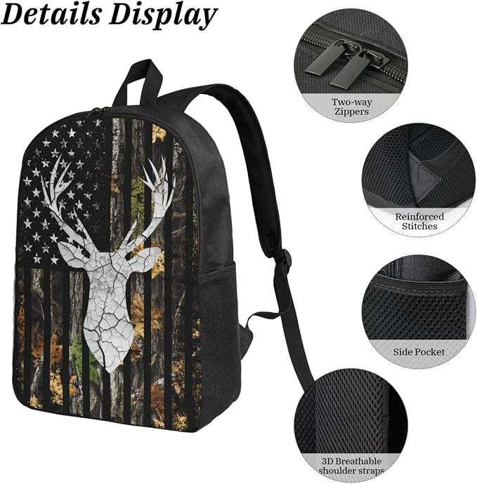 Deer Hunting Kid Backpack Set with Lunch Bag & Pencil Case Large Capacity School Bag 17 Inch Bookbag for Boy Girl - Image 5
