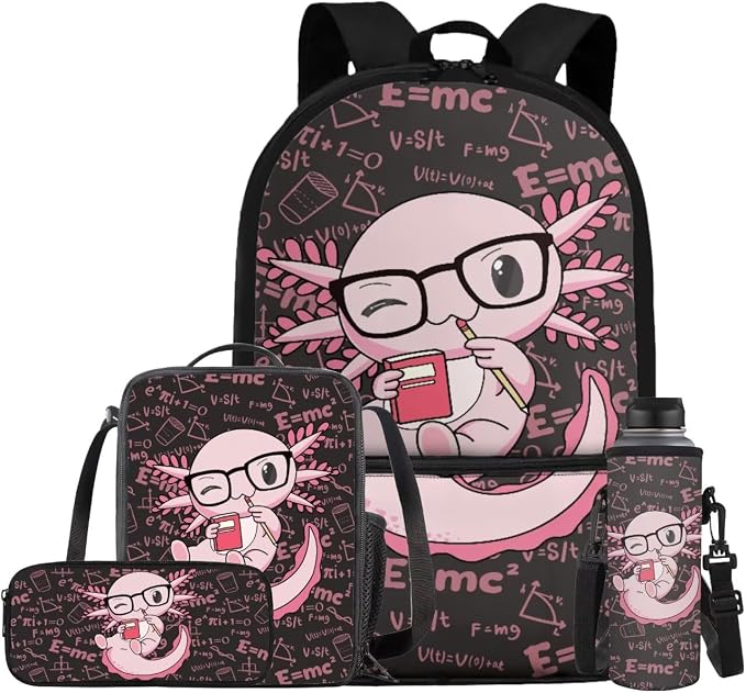 Cute Axolotl Backpack for Girls Kids Backpack with Lunch Box Water Bottle Carrier with Strap and Big Pencil Case 4 PCS Set Bookbag with Front Pocket for School 17" Sturdy Elementary School Bag by ELEDIZI