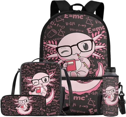 Cute Axolotl Backpack for Girls Kids Backpack with Lunch Box Water Bottle Carrier with Strap and Big Pencil Case 4 PCS Set Bookbag with Front Pocket for School 17" Sturdy Elementary School Bag by ELEDIZI