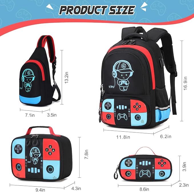 Bevalsa Backpack for School Boys, Cool Luminous Gamer Boys Schoolbag with Sling Bag,Lunch Box & Pencil Case for Kids Children Teens Elementary Middle School(Red Blue Backpack with Shoulder Bag) - Image 2