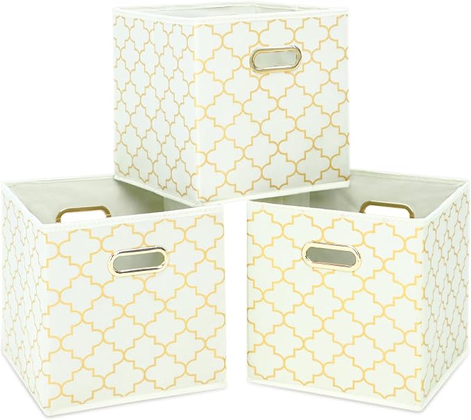 Fabric Cloth Storage Bins,Fabric Cube Organizer with Dual Handles Foldable Cube Storage Baskets for Home Bedroom Storage,Set of 3,(Creamy-White Gold) by SEVENDOME