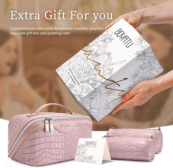 BOYATU Travel Makeup Bag Cosmetic Bags for Women: 3 Pcs Set Large Capacity Make up Bag with Handle - Crocodile Pattern Vegan Leather Toiletry Bags Travel Essentials with Compartments((E-4-Pink) - Image 6