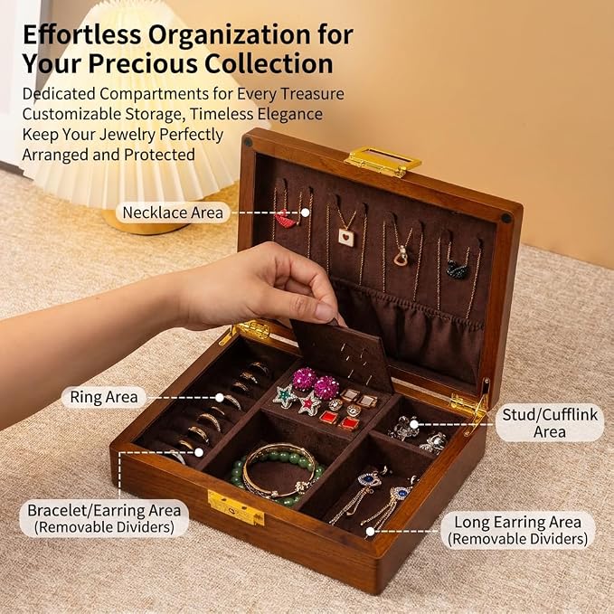 Solid Black Walnut Jewelry Box with Lock and Key Large Capacity Vintage Wooden Organizer for Women and Men Ring Necklace Earring Cufflink Storage Removable Dividers Gift for Christmas - Image 2
