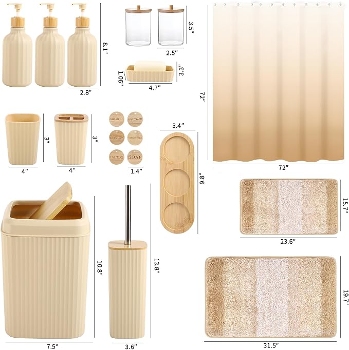 32PCS Bathroom Sets with Shower Curtain and Rugs Beige Bathroom Accessories Set Shower Curtain Set 3PCS Lotion Soap Dispenser Bathroom Accessories with Black Bathroom Decor - Image 6