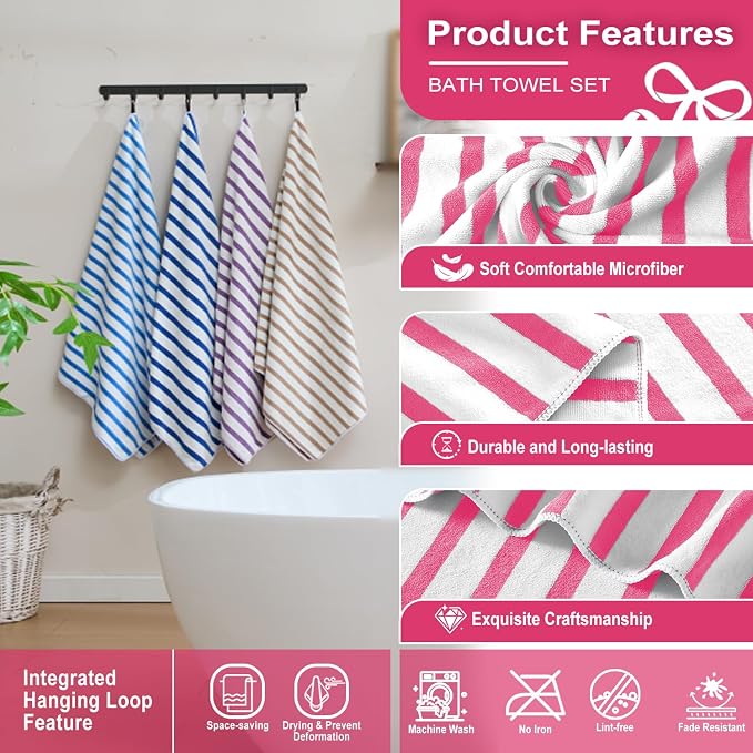 JML Beach Towels, 4 Pack, 30" x 60", Large Microfiber Bath Towel Set, Cabana Stripe, Absorbent, Quick Dry for Salon, Sauna, Hotel, Travel, Sport, Swimming, Pool, Yoga, Camping, Stripe Pink White - Image 3