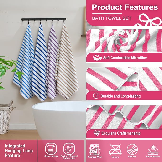 JML Microfiber Bath Towel Set, Cabana Stripe Pink, 30" x 60", 6 Pack | Hanging Loop, Soft, Absorbent & Quick Dry, Lint Free, Fade Resistant, for Summer Swimming Pool Party, Beach Travel - Image 3