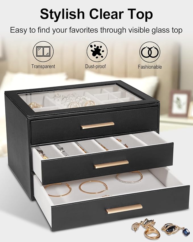 GUOER Jewelry Box for Women, Glass Lid Jewelry Organizer with 3 Drawers PU Jewelry Storage Case for Necklaces Rings Earrings Bracelets, Black - Image 5