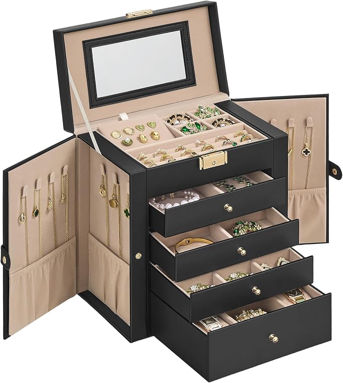 SONGMICS Jewelry Box Organizer, 5-Layer with 4 Drawers, Ink Black | Jewelry Storage Case with Lock and Mirror, Large Storage Capacity, for Necklaces, Watches, Gift for Loved Ones UJBC153BZ01S by Unknown