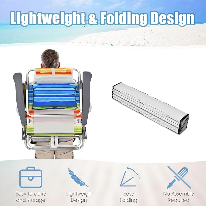 Giantex Folding Beach Chair, Patio Sling Chairs with 5 Adjustable Position, Head Pillow, Storage Bag, Towel Bar, Cup Holders, Backpack Chairs for Sunbathing, Camping Chair - Image 6