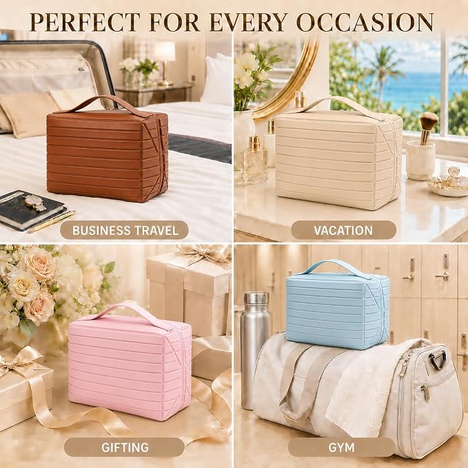 Fold Down Large Capacity Makeup Bag for Women, Foldable Travel Makeup Organizer with Compartments, Lay Flat Waterproof Cosmetic Toiletry Bag for Brushes and Skincare (Light Blue) - Image 5