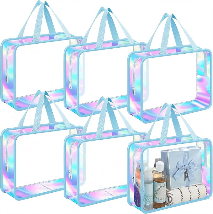 Sweetude 6 Pcs Large Clear Toiletry Bag with Handle Large Capacity Travel Iridescent Beach Makeup Bag PVC Clear Plastic Tote Punch Cosmetic Clothes Storage Organizer for Women Men (Blue) by Sweetude