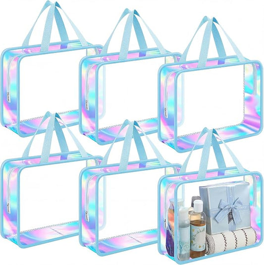 Sweetude 6 Pcs Large Clear Toiletry Bag with Handle Large Capacity Travel Iridescent Beach Makeup Bag PVC Clear Plastic Tote Punch Cosmetic Clothes Storage Organizer for Women Men (Blue) by Sweetude
