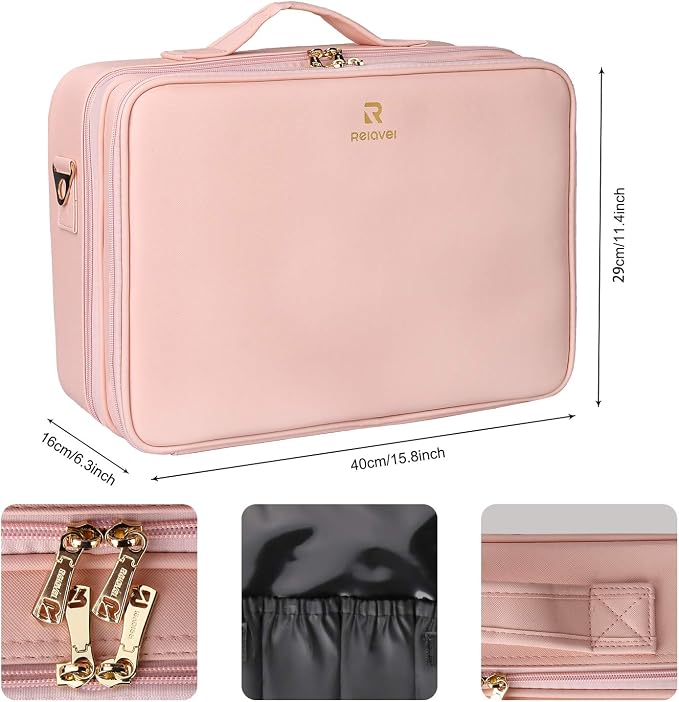 Relavel Makeup Case Large Makeup Bag Professional Train Case 16.5 inches Travel Cosmetic Organizer Brush Holder Waterproof Makeup Artist Storage Box, 3 Layer Large with Adjustable Strap (Pink) - Image 6