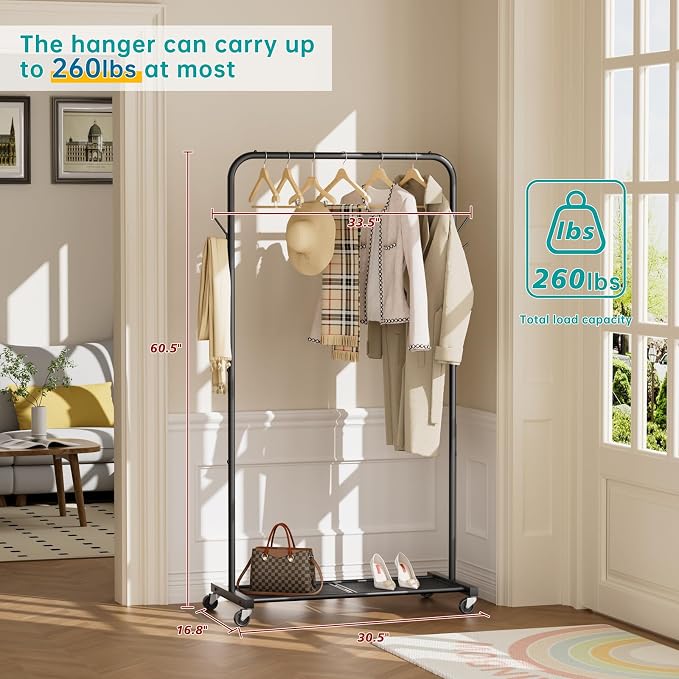 SINGAYE Wardrobe Standing Closet Clothing Rack With Shelf Hanging Clothes | Wardrobe Open Compact Small Metal Garment Hanger Stand Alone Free Standing Black Closet Rack Storage Organizer Heavy Duty - Image 6